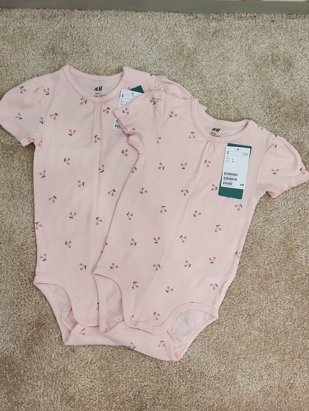 H&M Girls Pink Cherry-Print Organic Cotton One-Pieces (2-Pack) Size 2/3 BNWT 🍒
